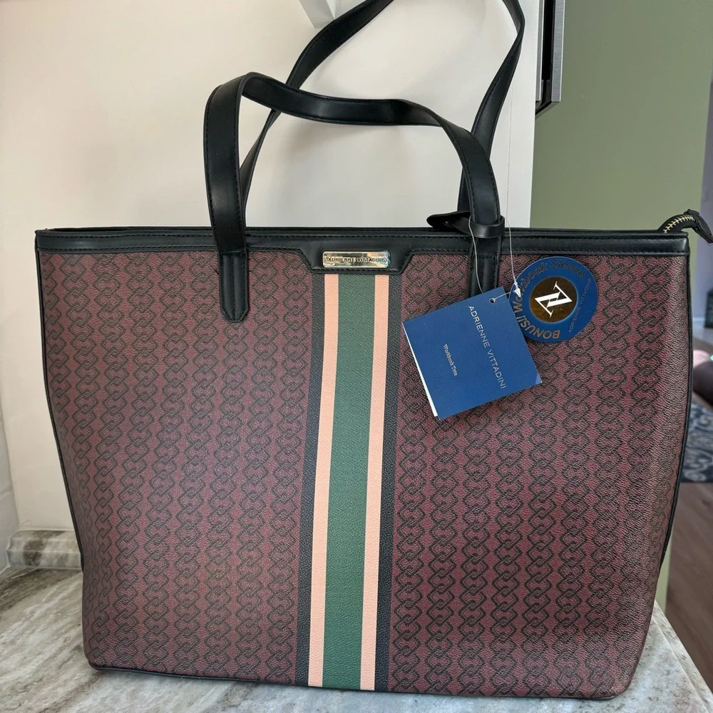 NWT!! Adrienne Vittadini Workbook Tote,Rich brown dark green/black/khaki stripe